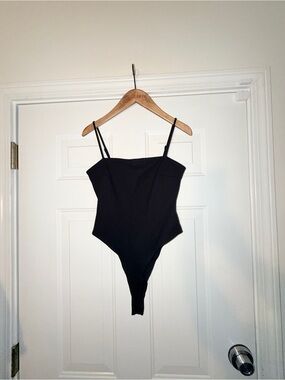 Women’s Black One-Piece Bodysuit with Thin Straps, Square Neck. Sz M